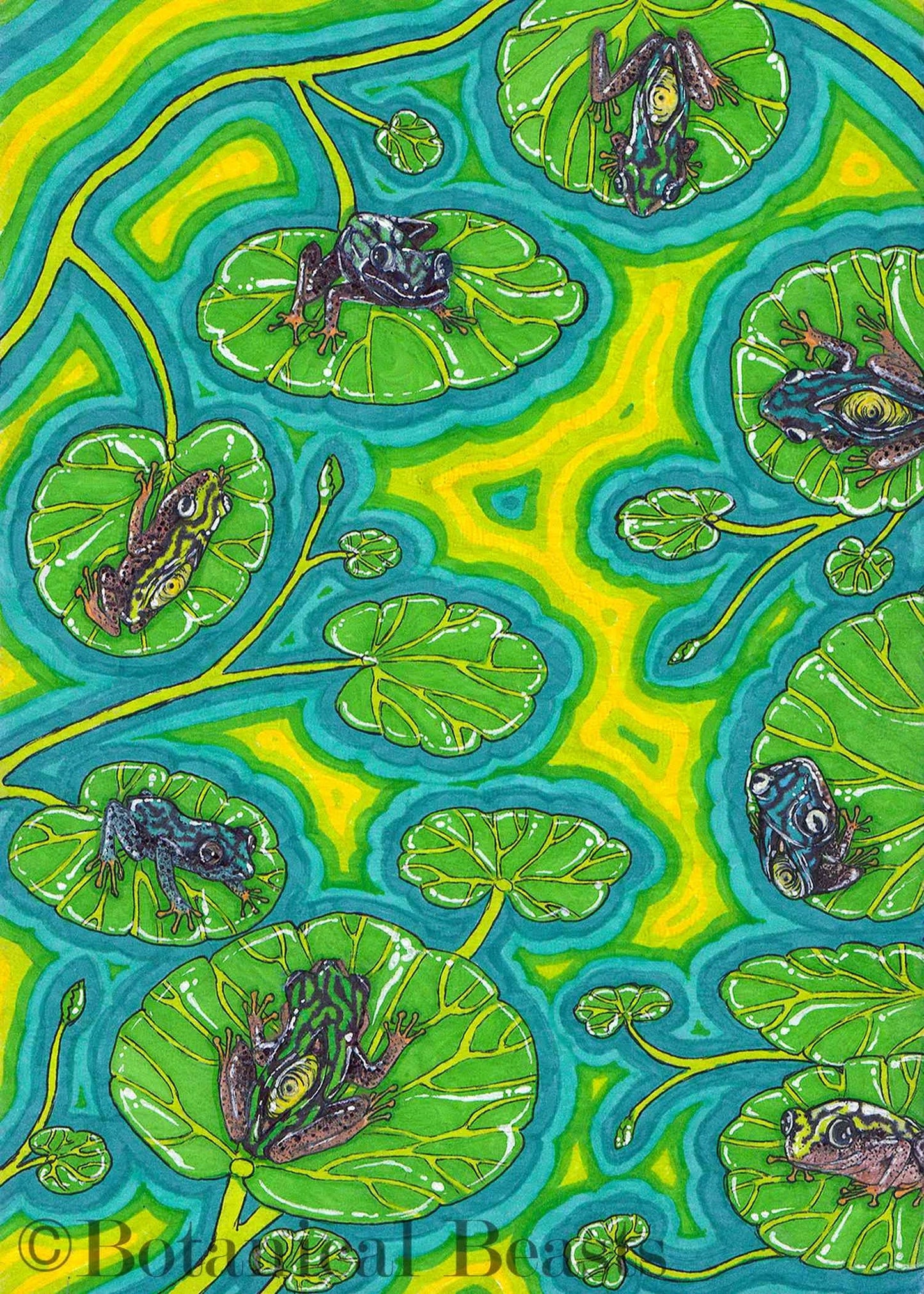 Multiple reed frogs sitting on leaves vividly colored aqua with neon water below.