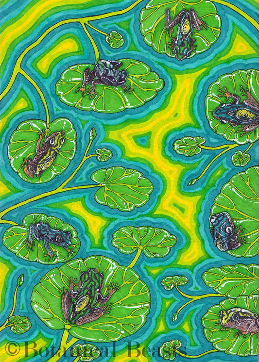 Multiple reed frogs sitting on leaves vividly colored aqua with neon water below.