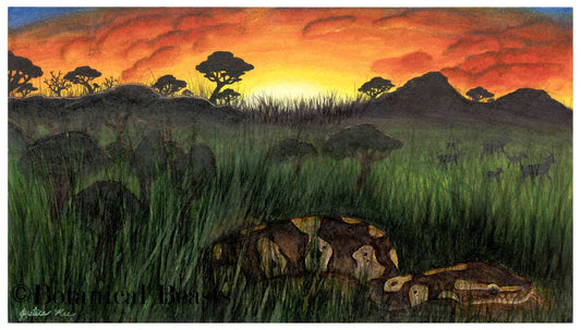 A ball python laying in the savanna grass. Behind it is an East African sunset with gazelles running past mountains and shrubs.
