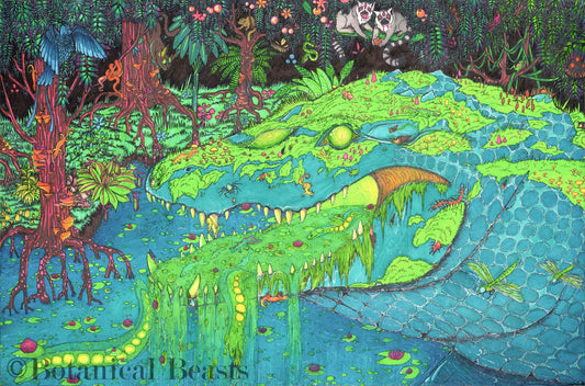 A vivid depiction of a jungle with a blue crocodile surrounded by a biodiverse ecosystem full of birds, bugs, snakes, and lemurs. This art piece was created to display the importance of biodiversity and how one ecosystem can rely on one keystone species.