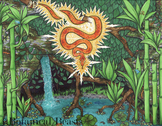 An orange tree boa with geometric design of golden light radiating from its body. It is perched on a branch in a rain forest with a cascading water fall surrounded by a plethora of little creatures.