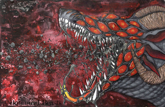 A vicious monster with many eyes, snarling teeth, and venomous spit with a water color background.