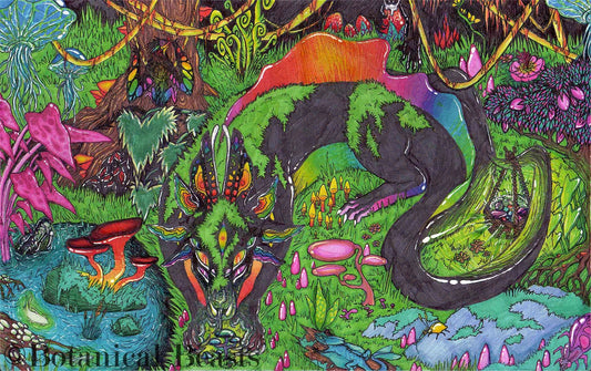 Deep in a dreamscape jungle this animal is hard at work gathering neon mushrooms. It pays little attention to the surrounding area where camouflaged animals and stalking predators watch stealthily